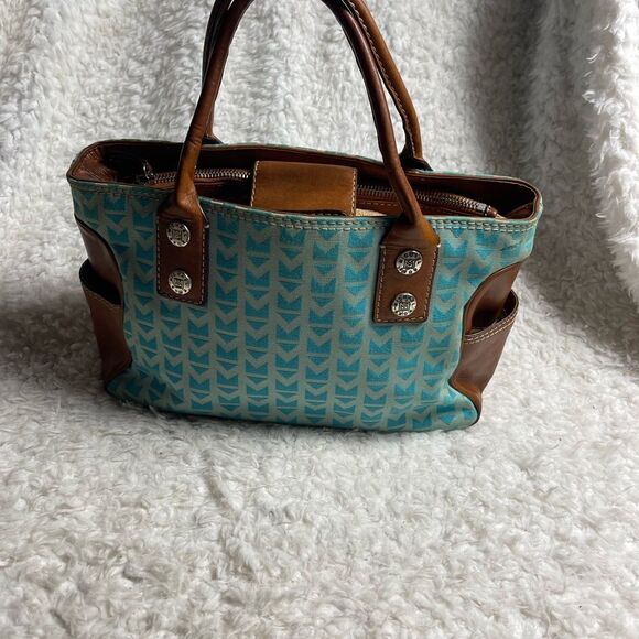 Michael Kors Monogram Blue canvas medium Satchel with leather tan trims &straps - Picture 4 of 12
